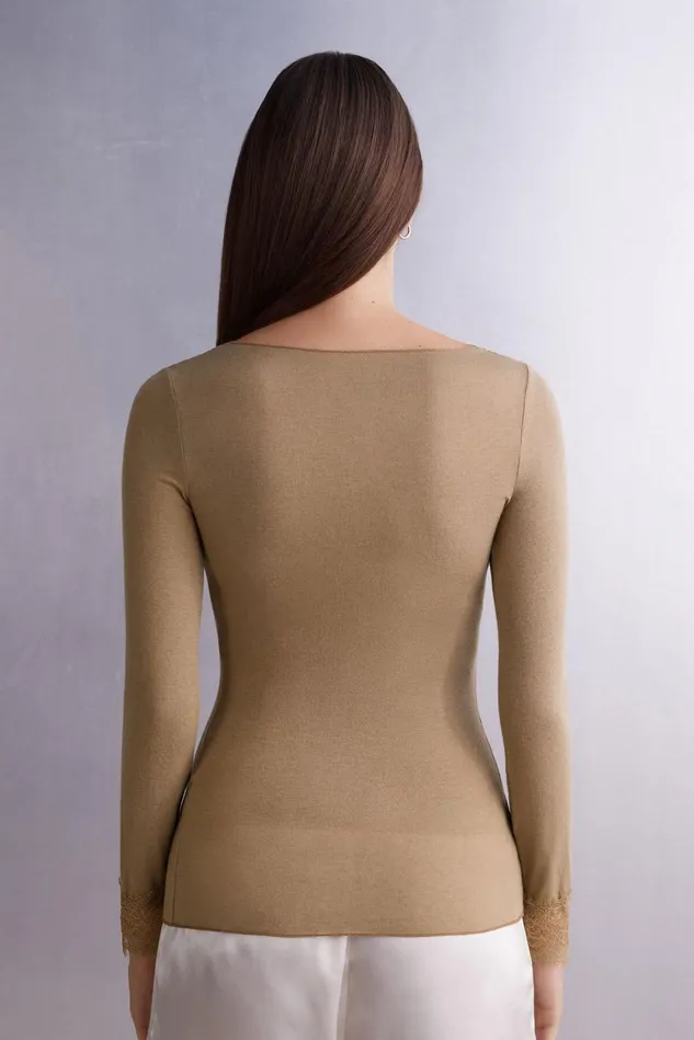 Intimissimi Long Sleeve Tops Women Modal Cashmere Ultralight Long Lace Shirt Brown 233i 8211 Toffee Brown