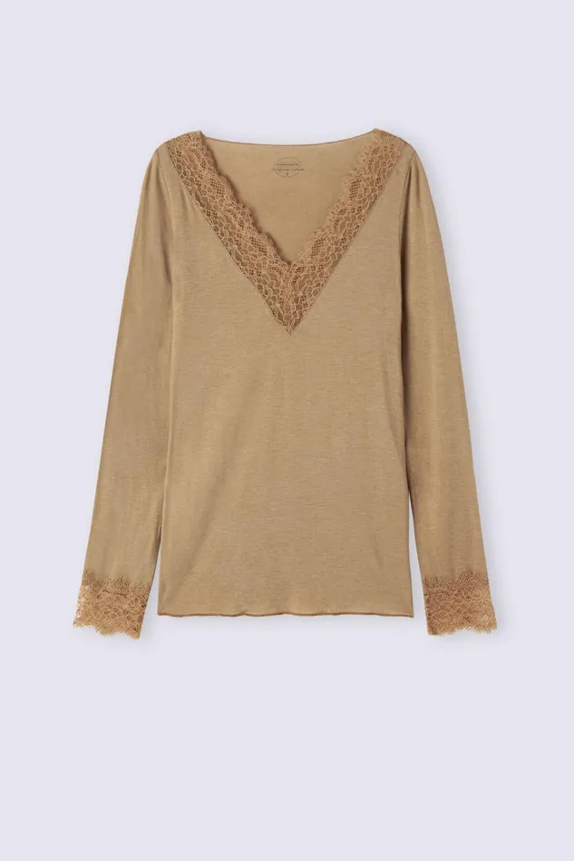 Intimissimi Long Sleeve Tops Women Modal Cashmere Ultralight Long Lace Shirt Brown 233i 8211 Toffee Brown