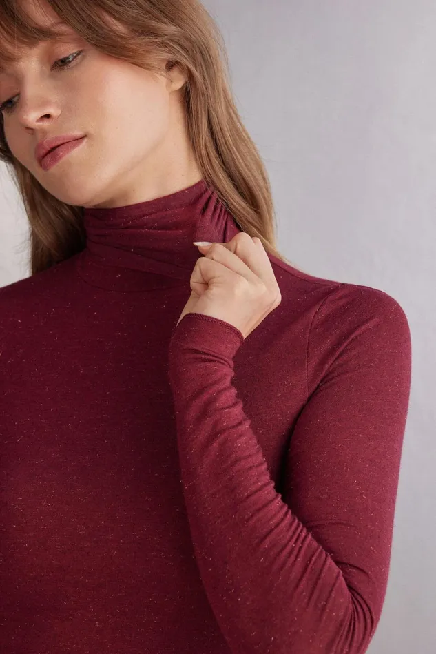 Intimissimi Long Sleeve Tops Women Turtleneck Top In Modal Light With Cashmere Lam Burgundy 786j 8211 Rosso Lamegrave
