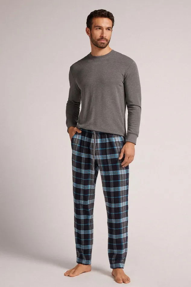 Intimissimi Pants Men Black And Light Blue Check Print Brushed Cotton Cloth Pants Black 737j 8211 Check Nero Celeste