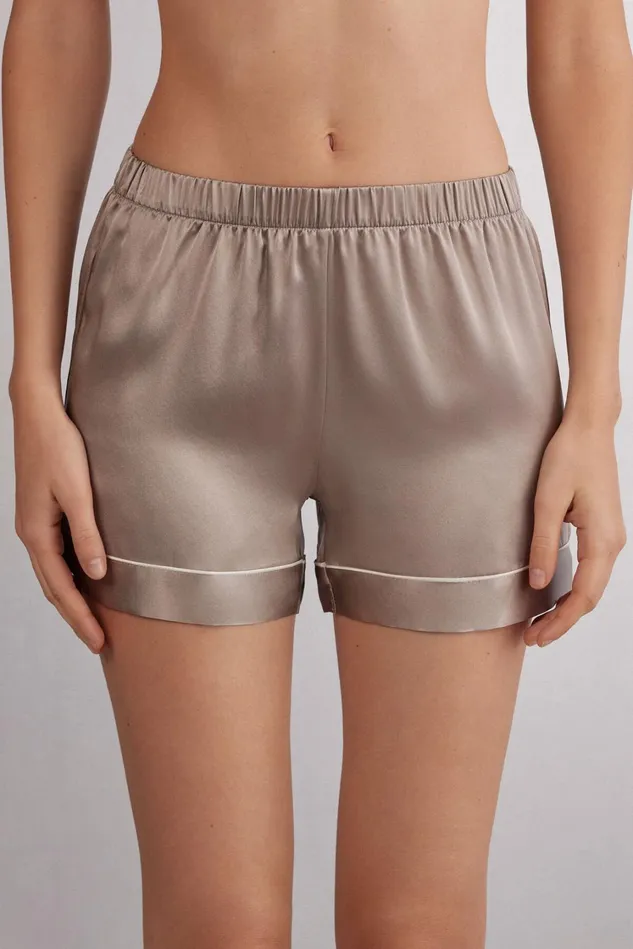 Intimissimi Short Pajamas Women Silk Shorts With Contrast Trim Natural 651i 8211 Powder Beige