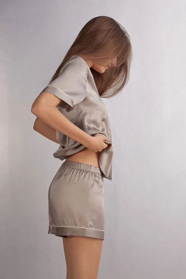 Intimissimi Short Pajamas Women Silk Shorts With Contrast Trim Natural 651i 8211 Powder Beige