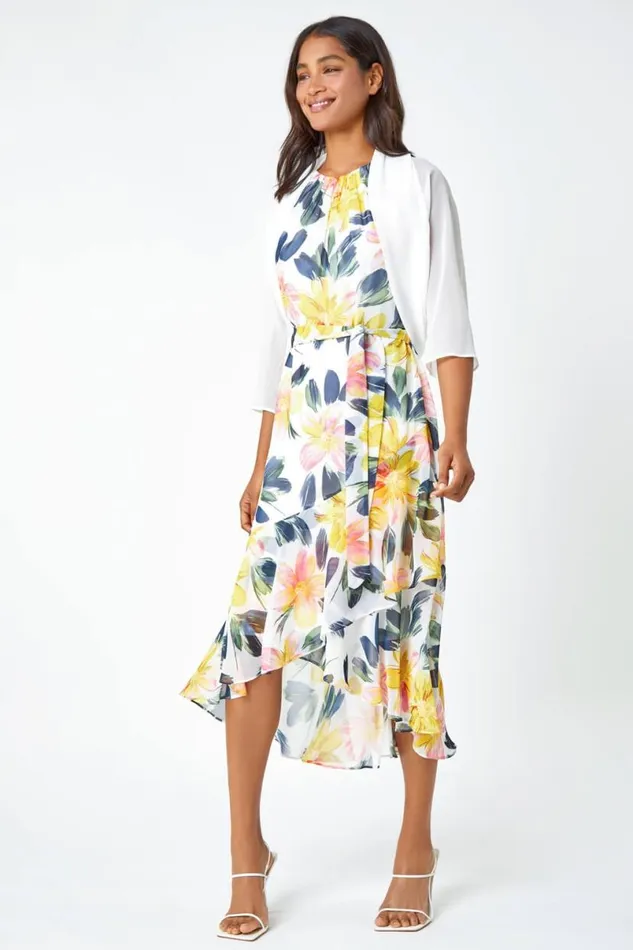 Ivory 34 Sleeve Ruched Hem Chiffon Bolero Women Roman Tops