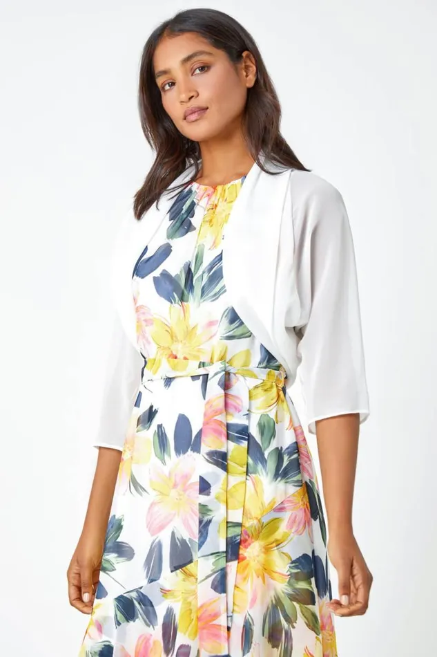 Ivory 34 Sleeve Ruched Hem Chiffon Bolero Women Roman Tops