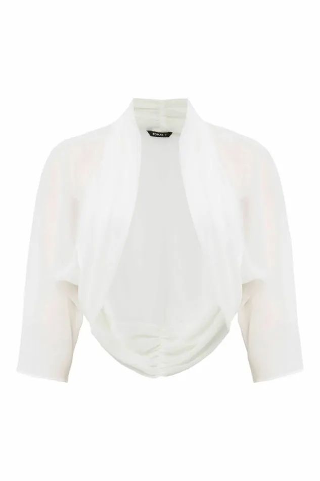 Ivory 34 Sleeve Ruched Hem Chiffon Bolero Women Roman Tops