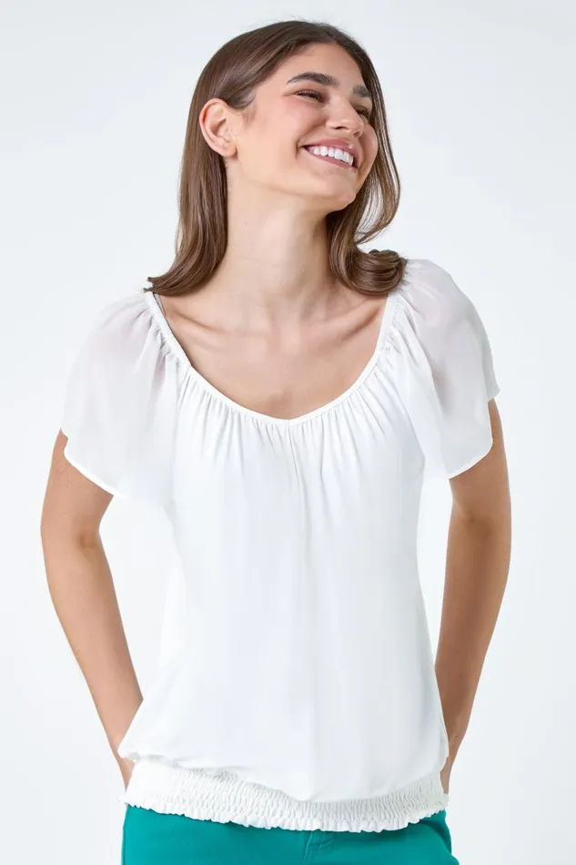 Ivory Chiffon Sleeve Stretch Jersey Top Women Roman Tops