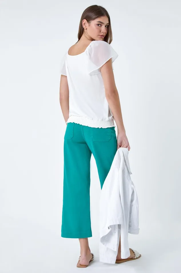 Ivory Chiffon Sleeve Stretch Jersey Top Women Roman Tops