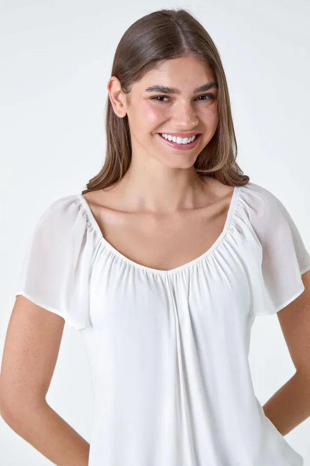 Ivory Chiffon Sleeve Stretch Jersey Top Women Roman Tops