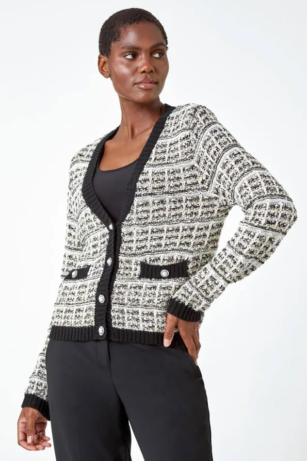 Ivory Cotton Blend Boucle Button Cardigan Women Roman Knitwear