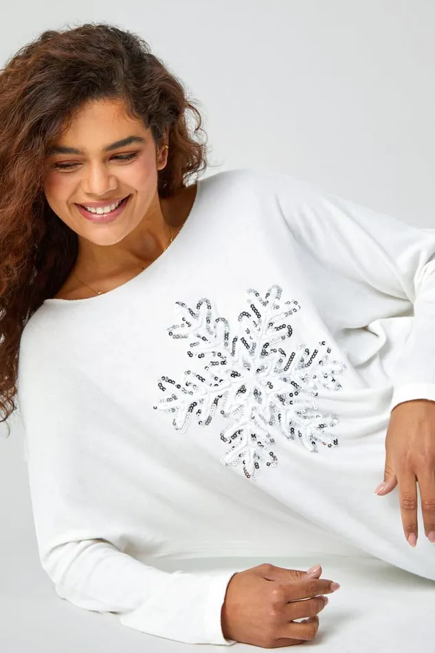 Ivory Embellished Snowflake Stretch Top Women Roman Tops