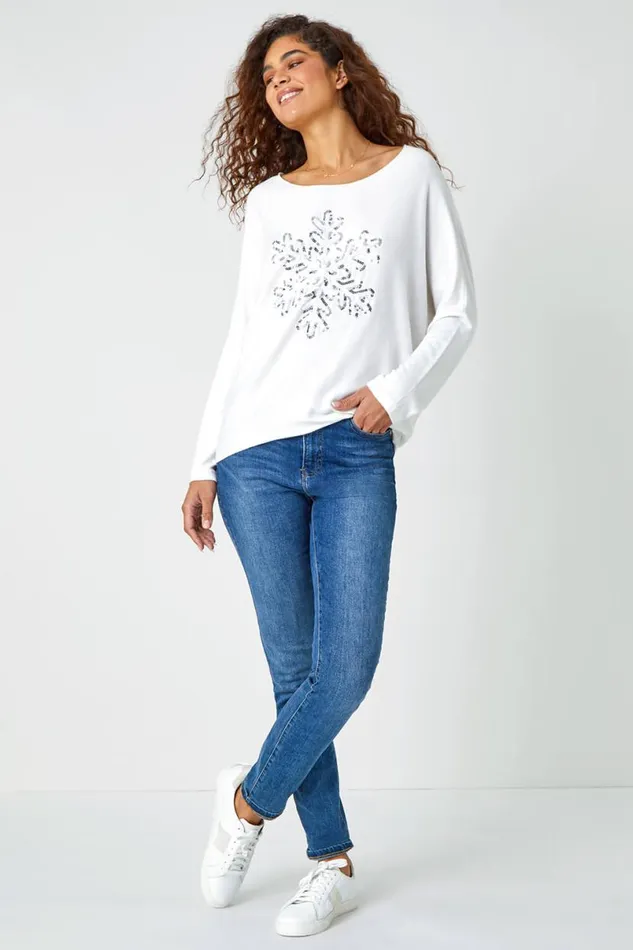 Ivory Embellished Snowflake Stretch Top Women Roman Tops