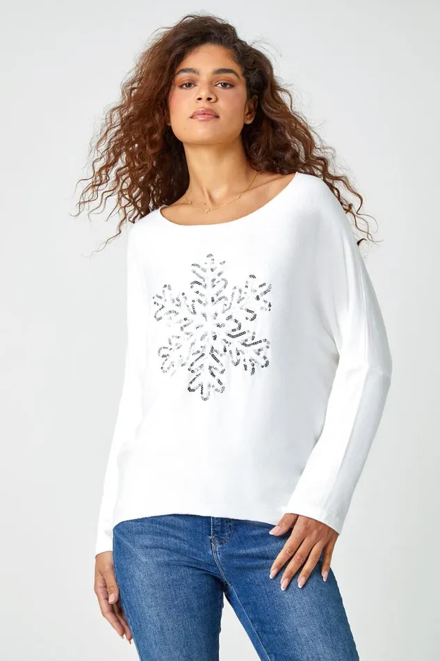 Ivory Embellished Snowflake Stretch Top Women Roman Tops