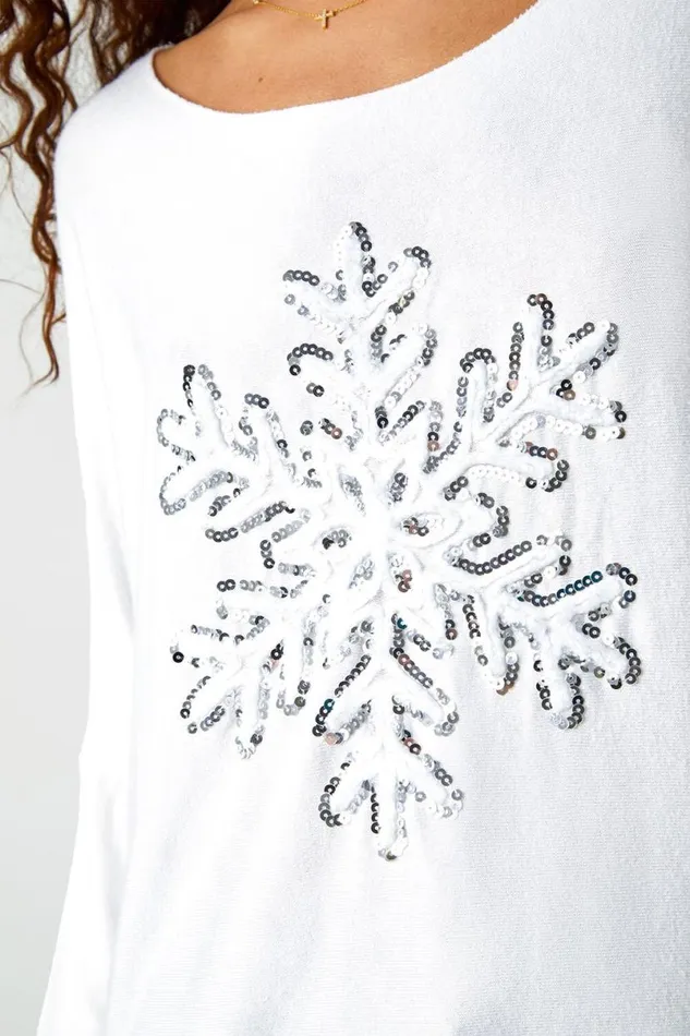 Ivory Embellished Snowflake Stretch Top Women Roman Tops