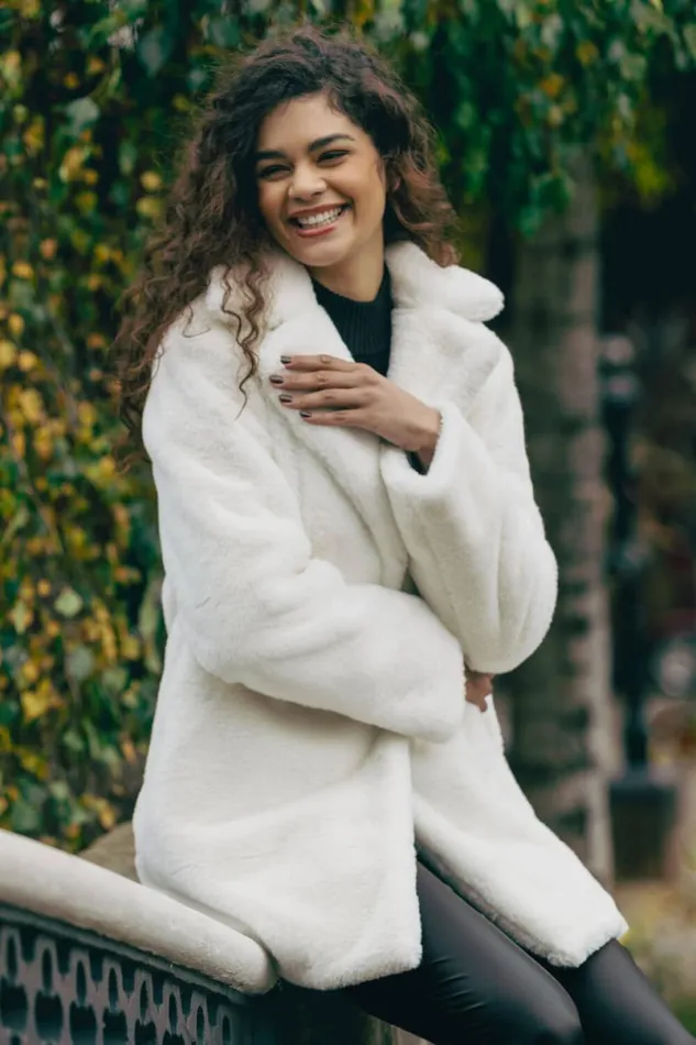 Ivory Faux Fur Longline Coat Women Roman Coats