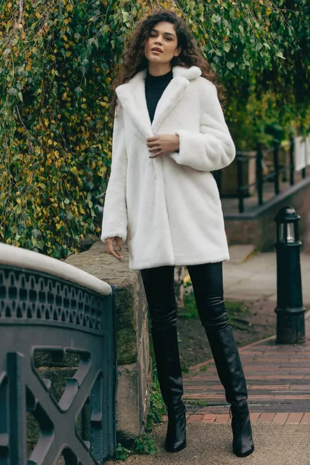 Ivory Faux Fur Longline Coat Women Roman Coats