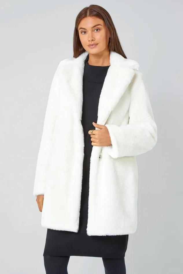Ivory Faux Fur Longline Coat Women Roman Coats