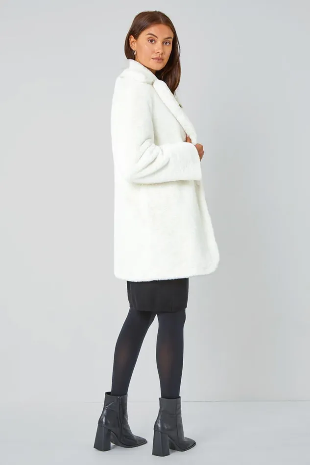 Ivory Faux Fur Longline Coat Women Roman Coats