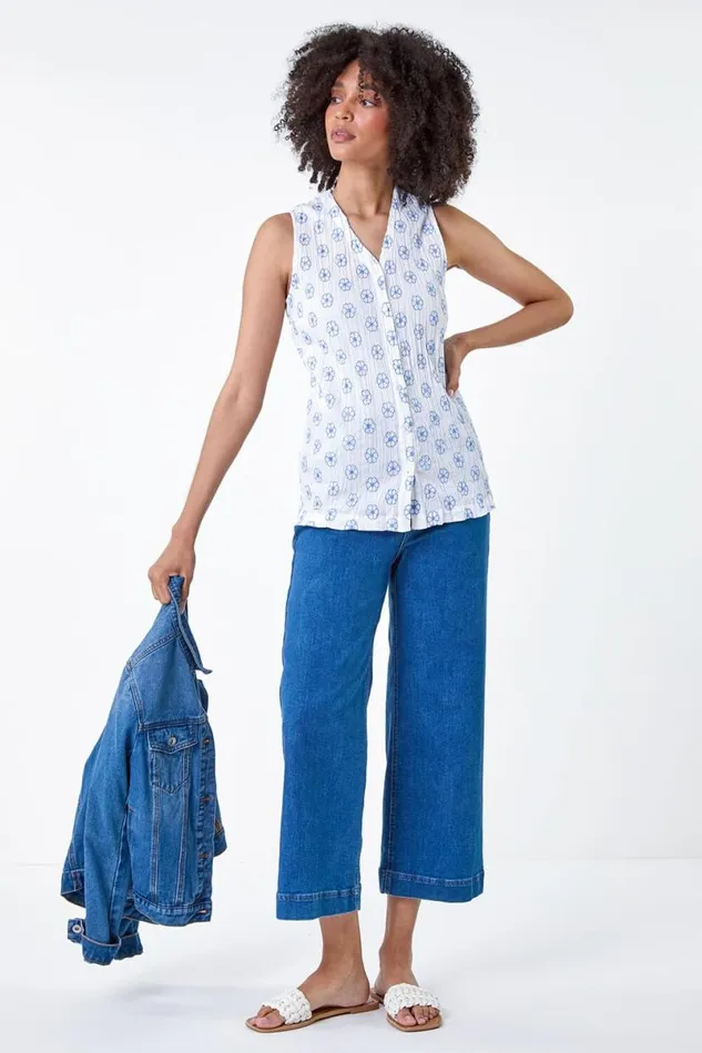 Ivory Floral Embroidered Cotton Crinkle Blouse Women Roman Tops