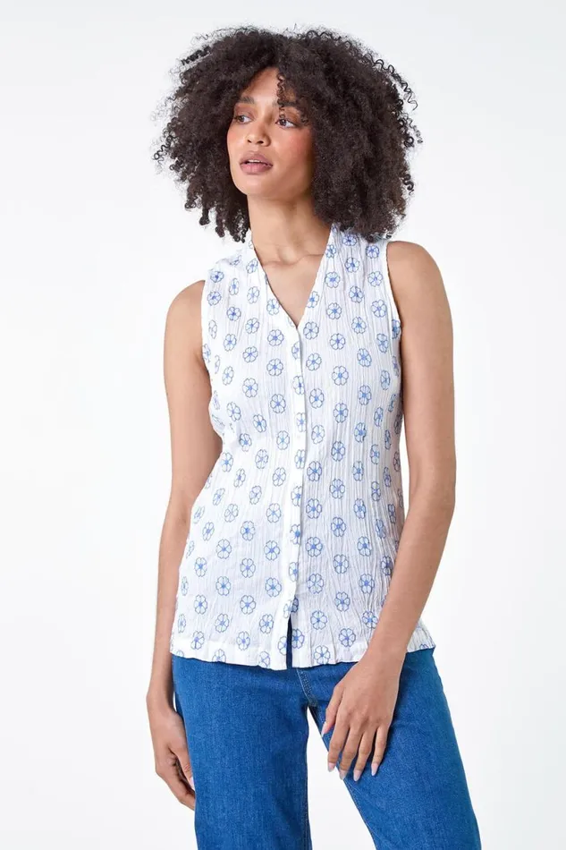 Ivory Floral Embroidered Cotton Crinkle Blouse Women Roman Tops