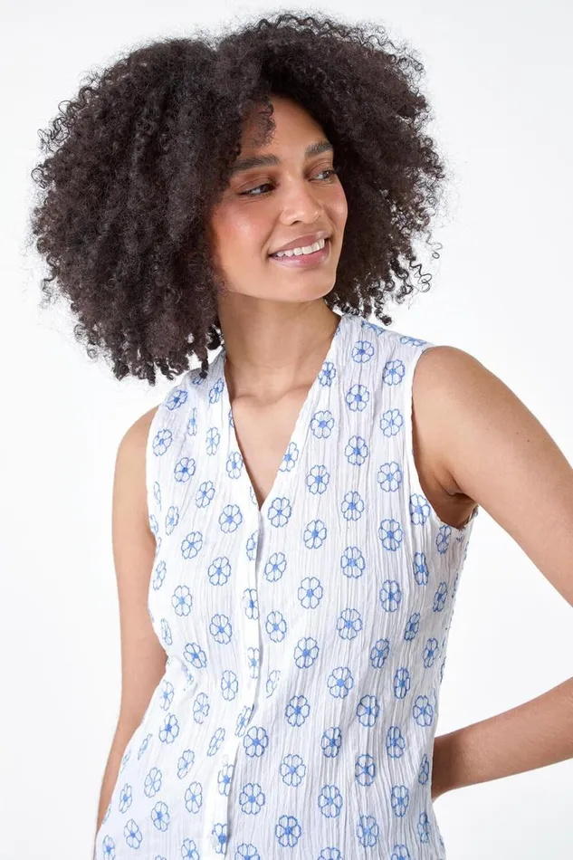Ivory Floral Embroidered Cotton Crinkle Blouse Women Roman Tops