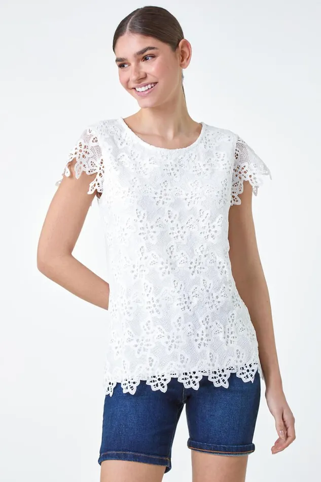 Ivory Floral Lace Sleeveless Top Women Roman Tops