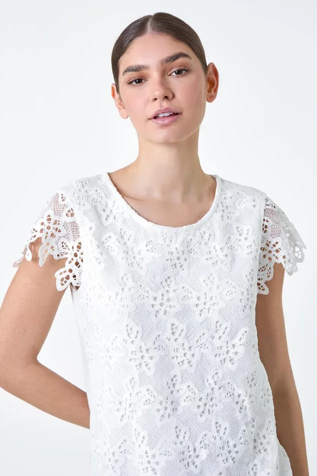 Ivory Floral Lace Sleeveless Top Women Roman Tops