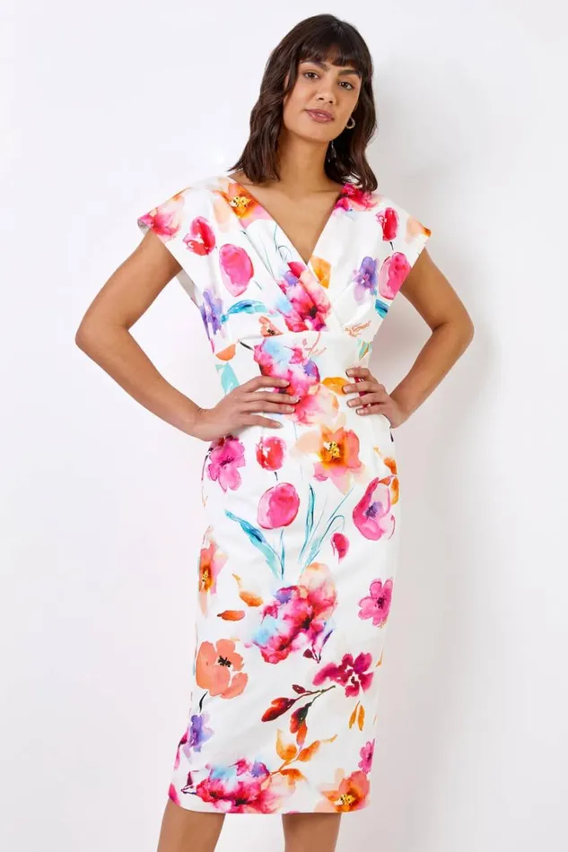 Ivory Floral Print Cross Front Midi Dress Women Roman Dresses