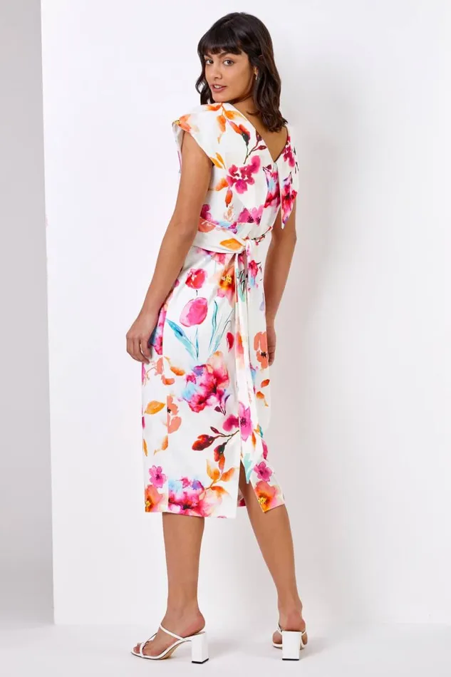 Ivory Floral Print Cross Front Midi Dress Women Roman Dresses