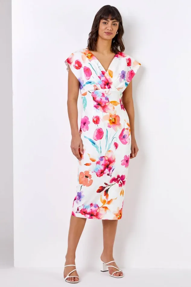 Ivory Floral Print Cross Front Midi Dress Women Roman Dresses