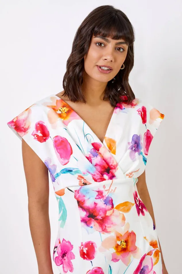 Ivory Floral Print Cross Front Midi Dress Women Roman Dresses