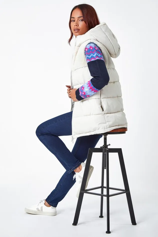 Ivory Petite Borg Detail Hooded Padded Gilet Women Roman Coats