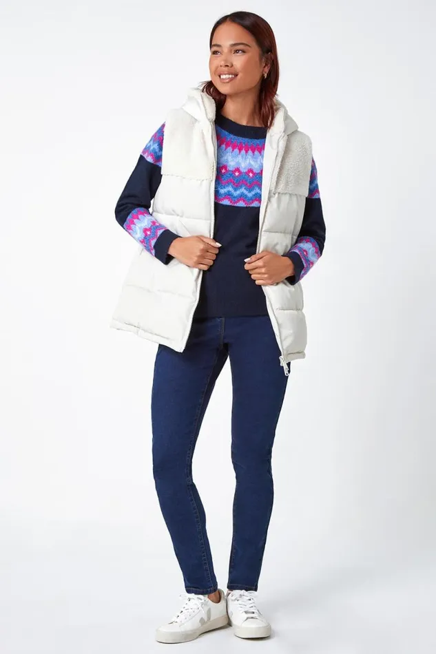 Ivory Petite Borg Detail Hooded Padded Gilet Women Roman Coats