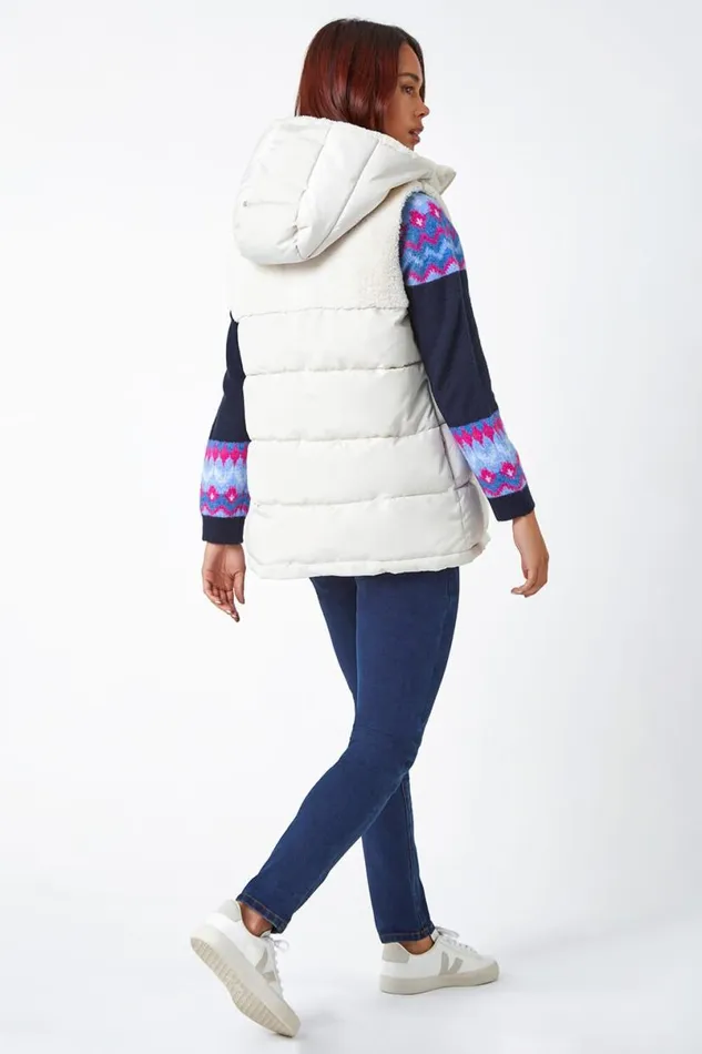 Ivory Petite Borg Detail Hooded Padded Gilet Women Roman Coats