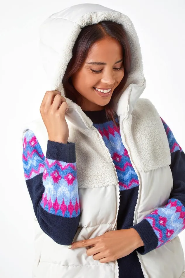 Ivory Petite Borg Detail Hooded Padded Gilet Women Roman Coats