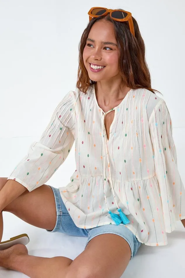 Ivory Petite Embroidered Cotton Smock Top Women Roman Tops