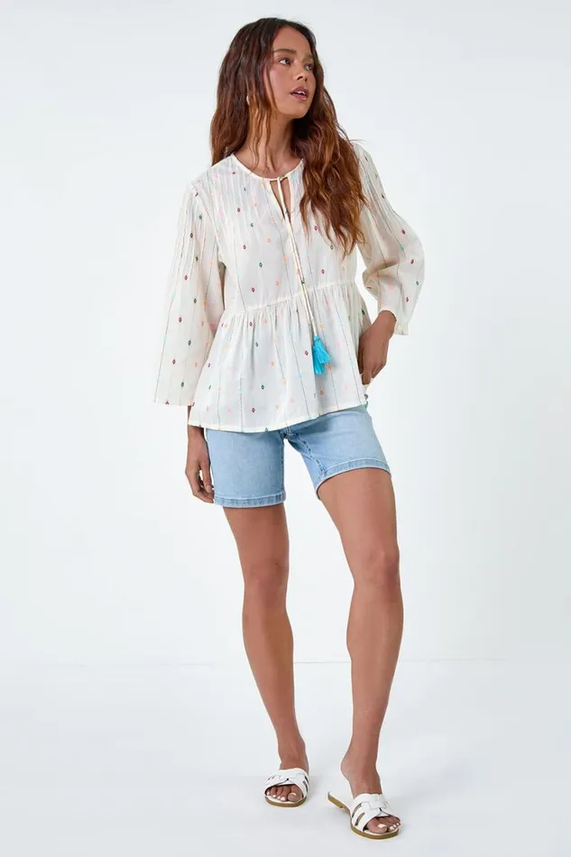 Ivory Petite Embroidered Cotton Smock Top Women Roman Tops