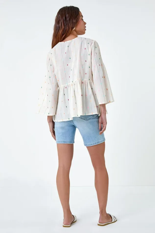 Ivory Petite Embroidered Cotton Smock Top Women Roman Tops