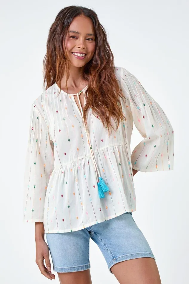 Ivory Petite Embroidered Cotton Smock Top Women Roman Tops