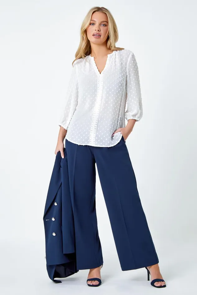 Ivory Petite Textured Spot Print VNeck Top Women Roman Tops