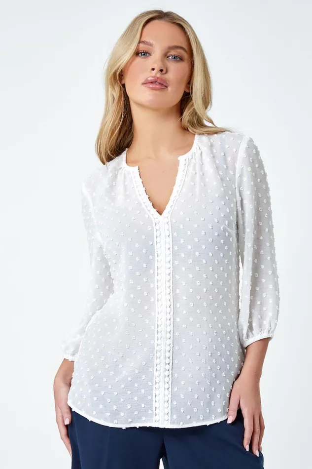 Ivory Petite Textured Spot Print VNeck Top Women Roman Tops