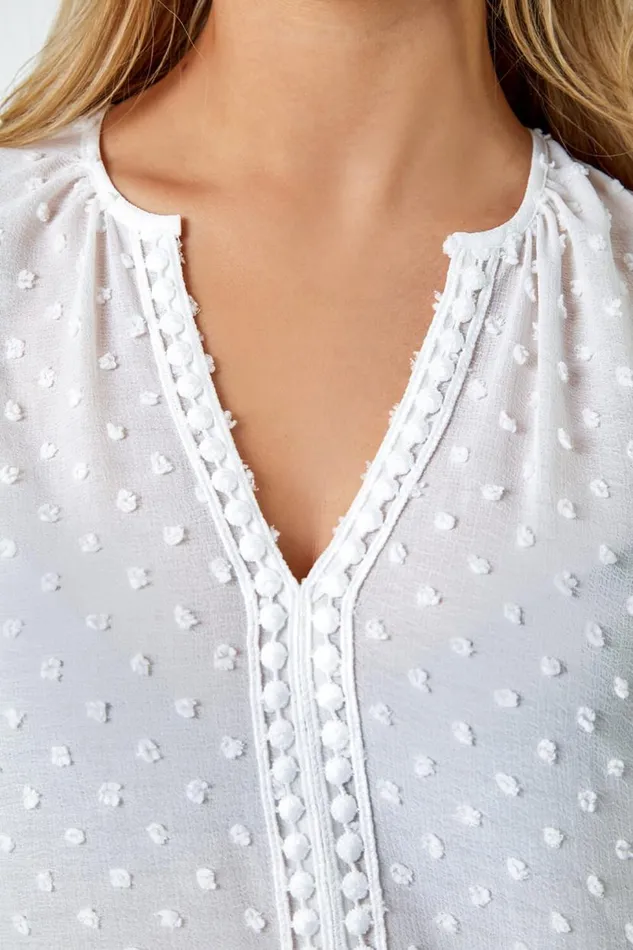 Ivory Petite Textured Spot Print VNeck Top Women Roman Tops