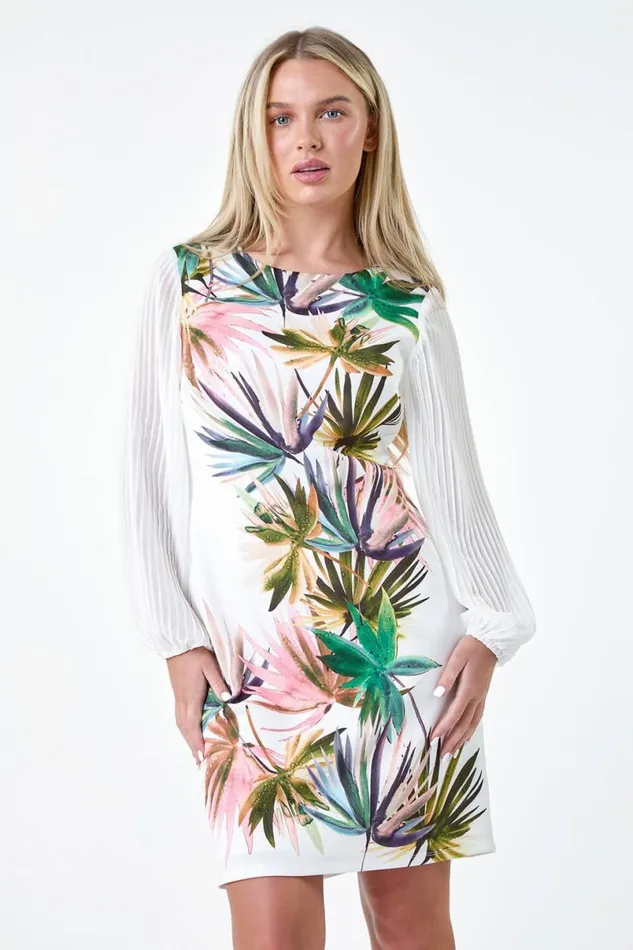 Ivory Petite Tropical Pleat Sleeve Shift Dress Women Roman Dresses