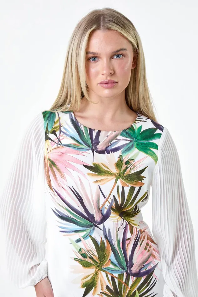 Ivory Petite Tropical Pleat Sleeve Shift Dress Women Roman Dresses