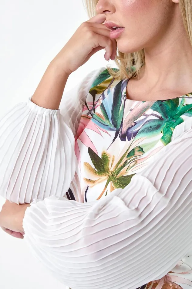 Ivory Petite Tropical Pleat Sleeve Shift Dress Women Roman Dresses