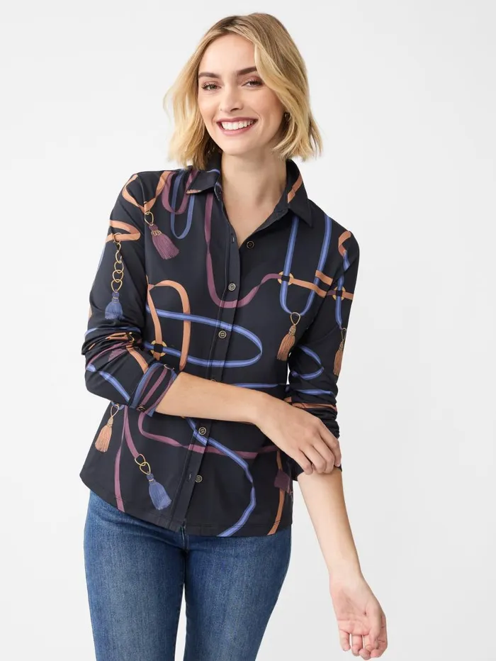 JMcLaughlin Betty Shirt In Fringe Fete Blackbluepurple Women Shirts and Tops JMcLaughlin Betty Shirt In Fringe Fete Blackbluepurple Women Shirts and Tops