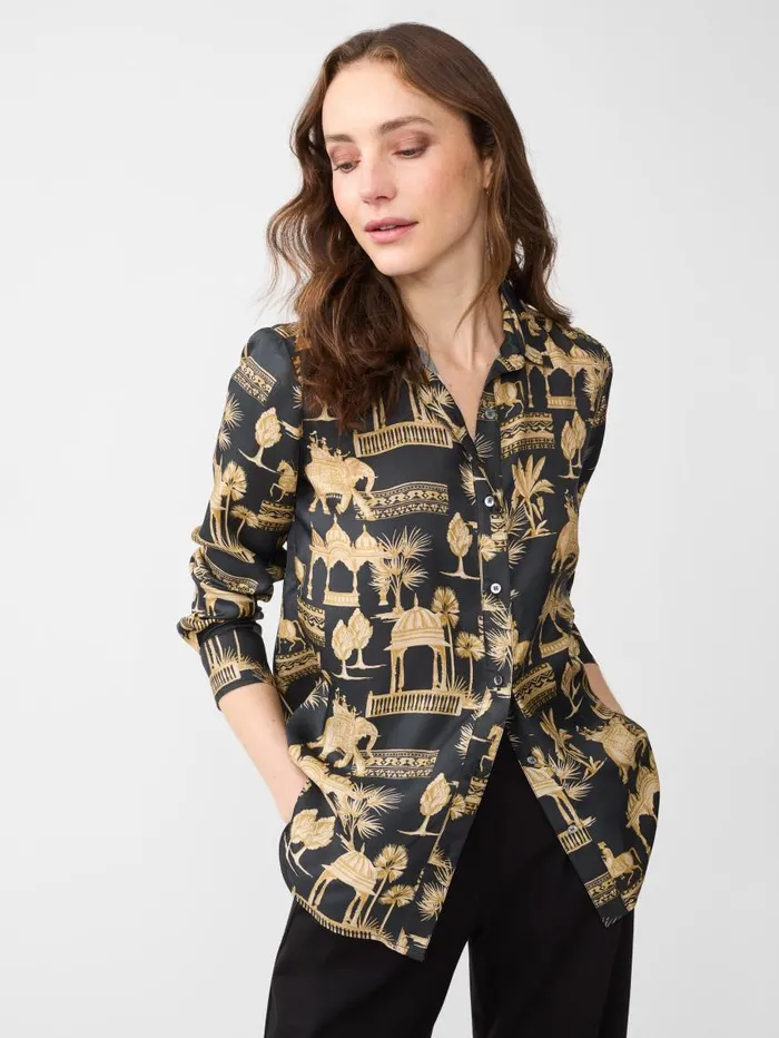JMcLaughlin Denver Silk Blend Shirt In Desert Toile Blacksand Women Shirts and Tops