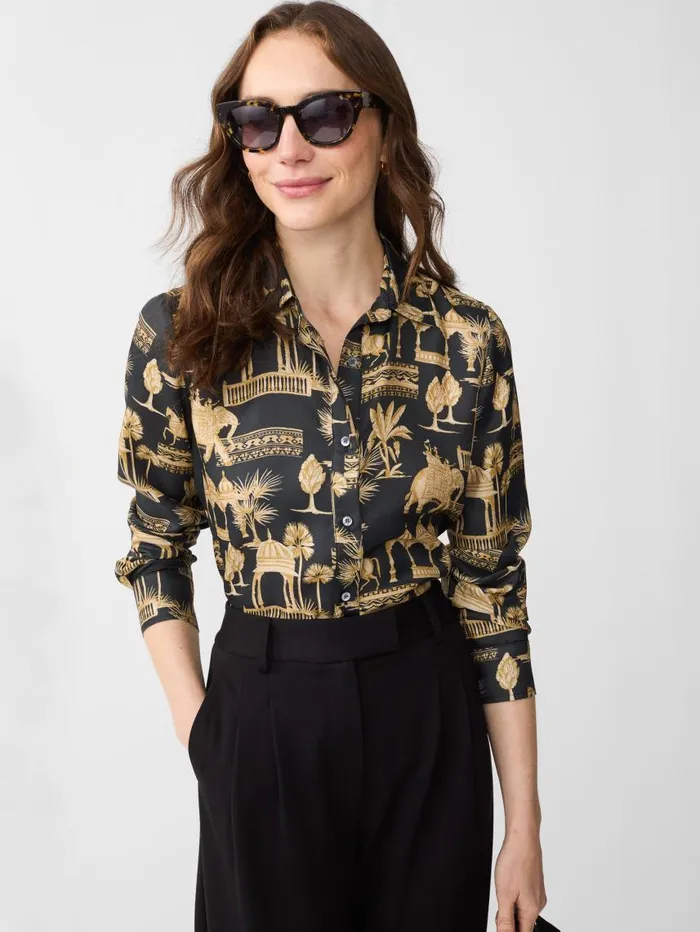 JMcLaughlin Denver Silk Blend Shirt In Desert Toile Blacksand Women Shirts and Tops JMcLaughlin Denver Silk Blend Shirt In Desert Toile Blacksand Women Shirts and Tops