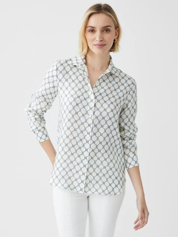JMcLaughlin Denver Silk Blend Shirt In Sussex Interlock Off Whiteblue Women Shirts and Tops
