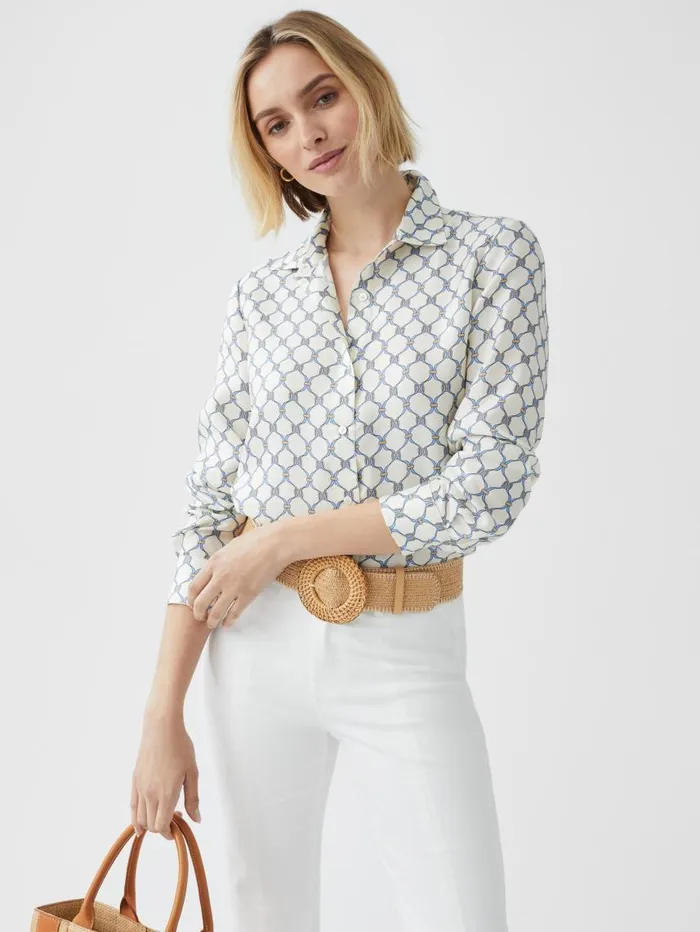 JMcLaughlin Denver Silk Blend Shirt In Sussex Interlock Off Whiteblue Women Shirts and Tops JMcLaughlin Denver Silk Blend Shirt In Sussex Interlock Off Whiteblue Women Shirts and Tops