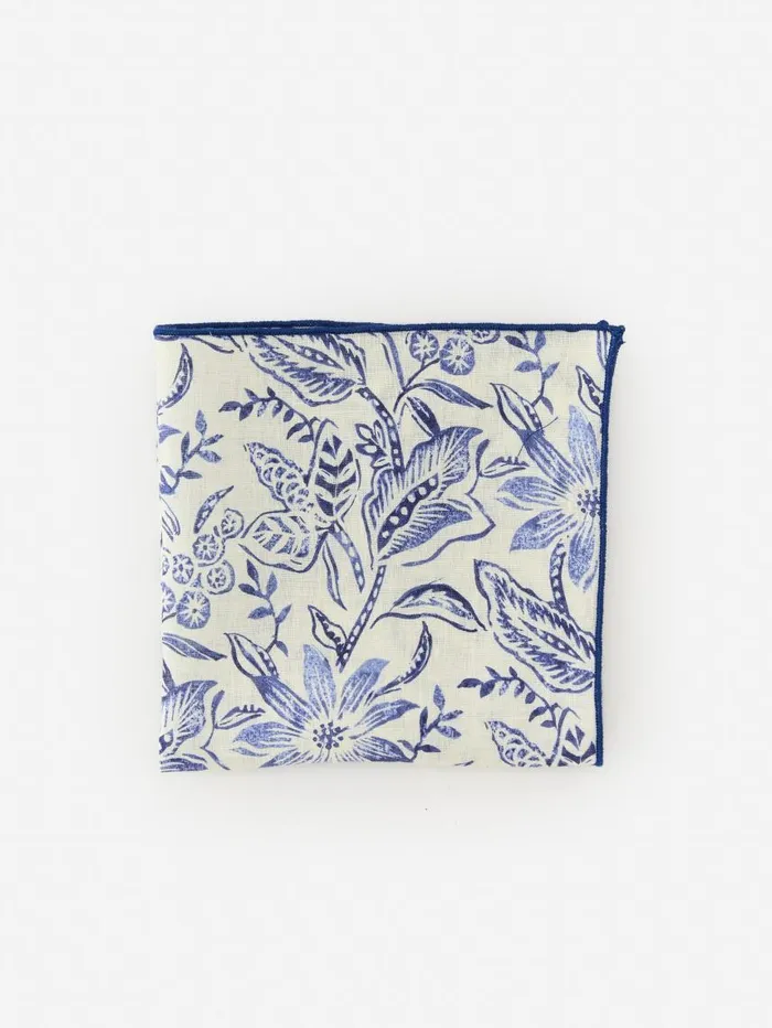 JMcLaughlin Linen Pocket Square In Indigo Flora Off Whitenavy Men Pocket Squares